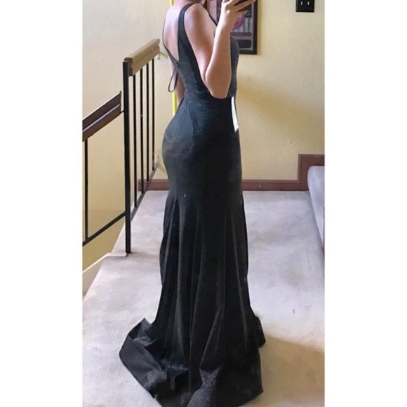 New Xscape Black/silver Metallic Trumpet Dress - Picture 7 of 8